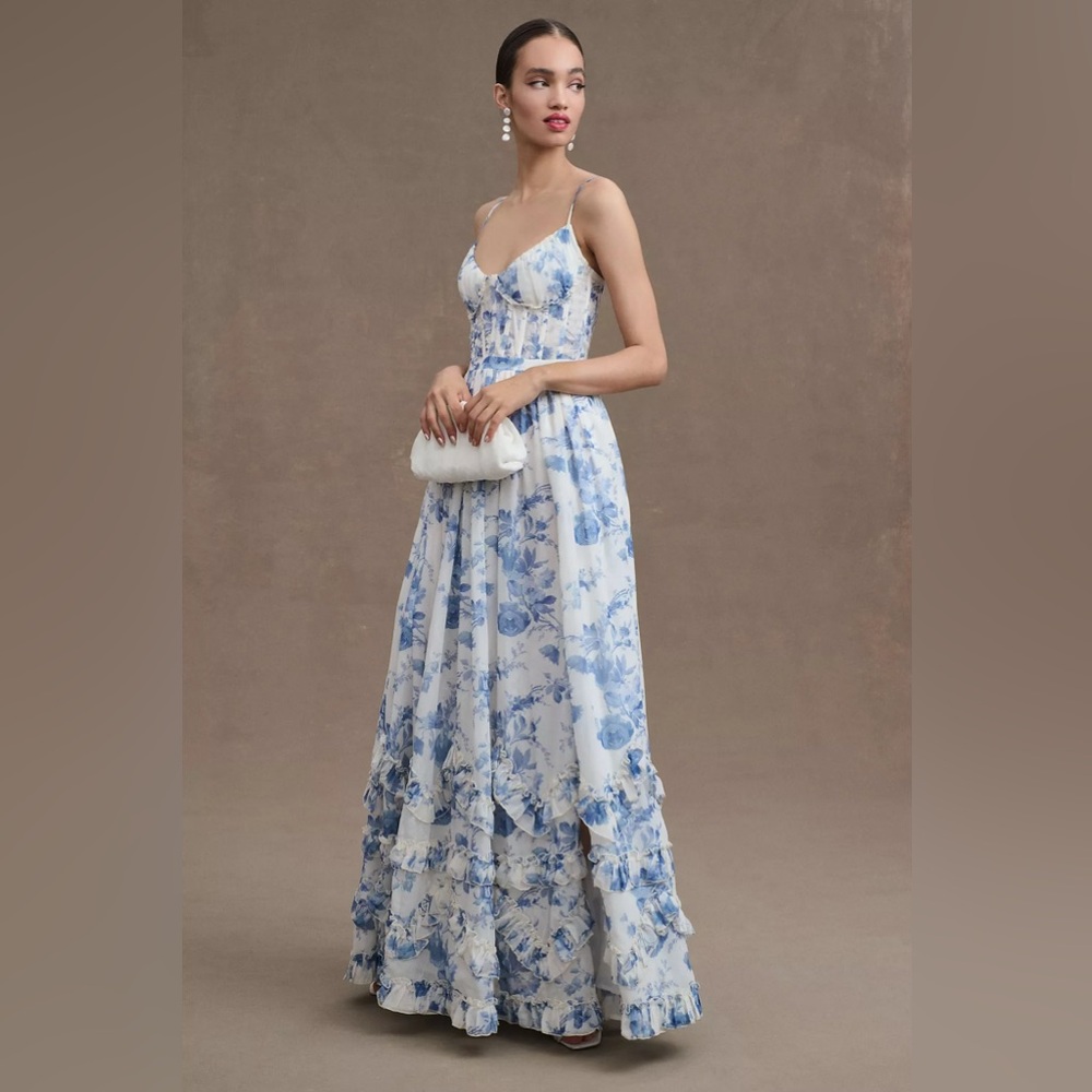 V. Chapman Carmen Corset Front-Slit Ruffled Gown